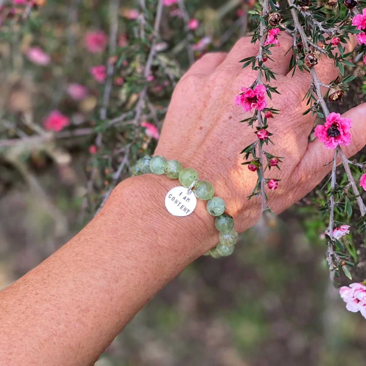 I am Content Affirmation Bracelet with Prehnite to Help Feel Happy