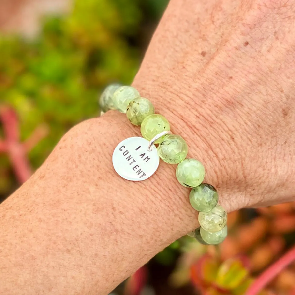 I am Content Affirmation Bracelet with Prehnite to Help Feel Happy