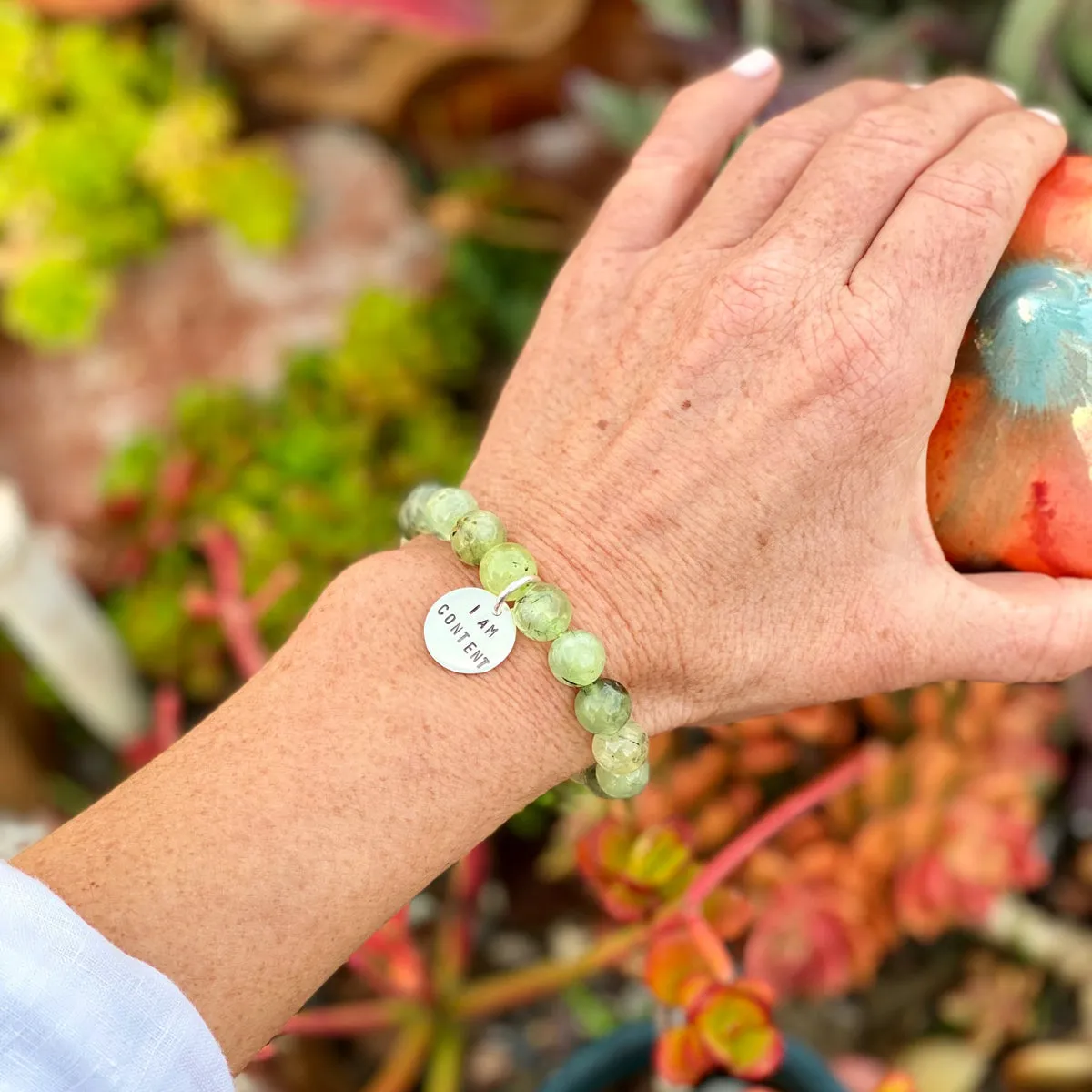 I am Content Affirmation Bracelet with Prehnite to Help Feel Happy