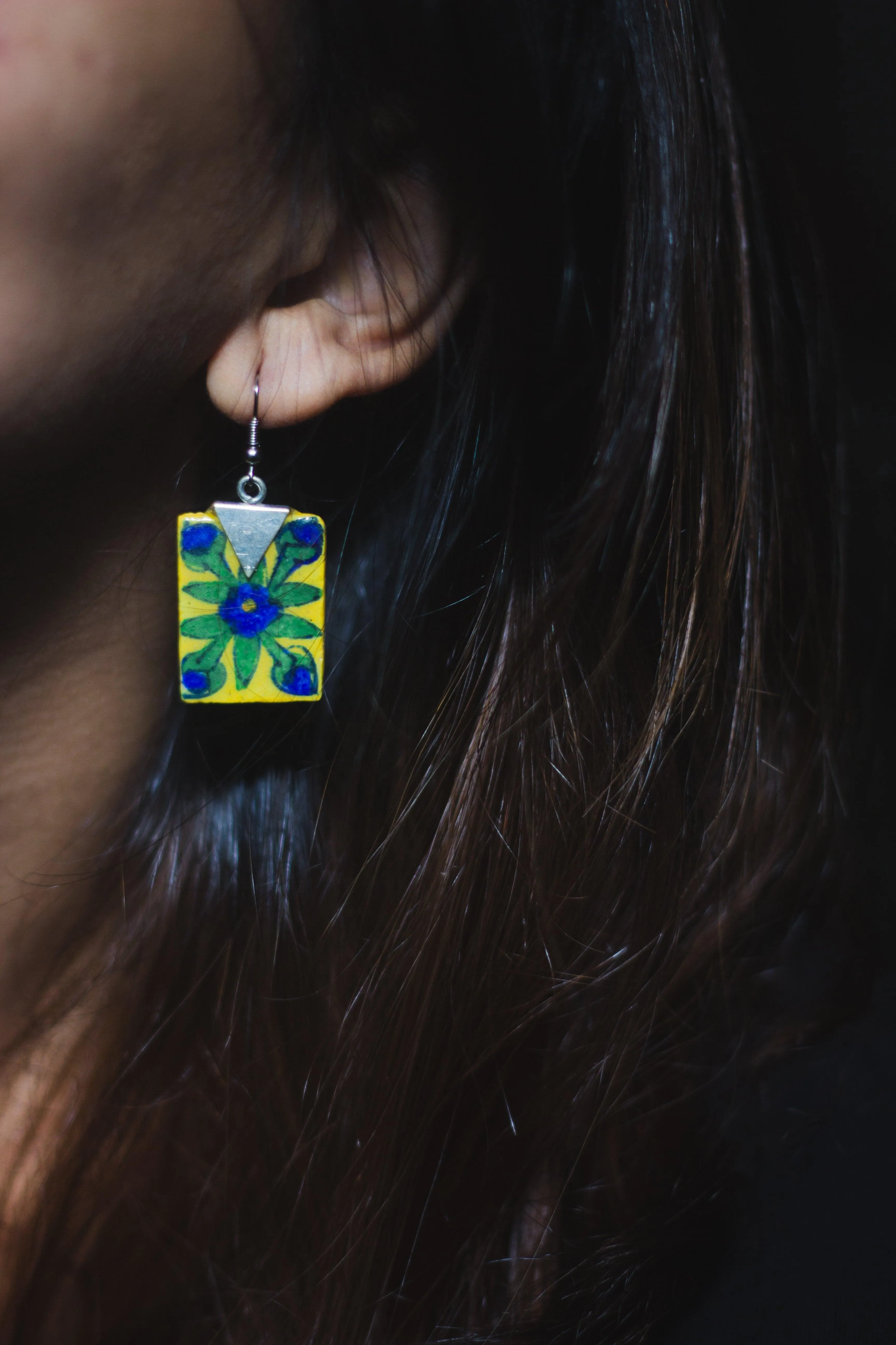 Kaisori Blue Pottery Earrings - Tile yellow