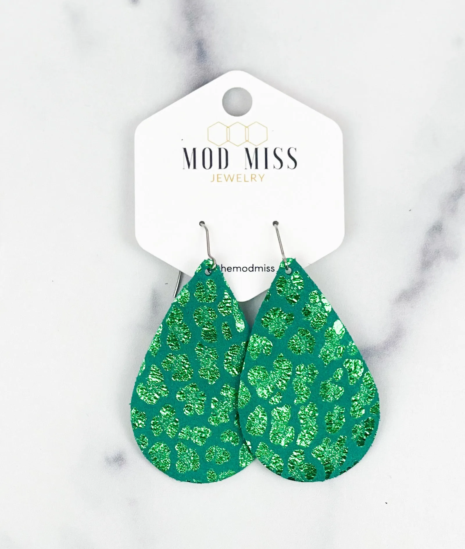 Leather Teardrop Earring Metallic Green Leopard