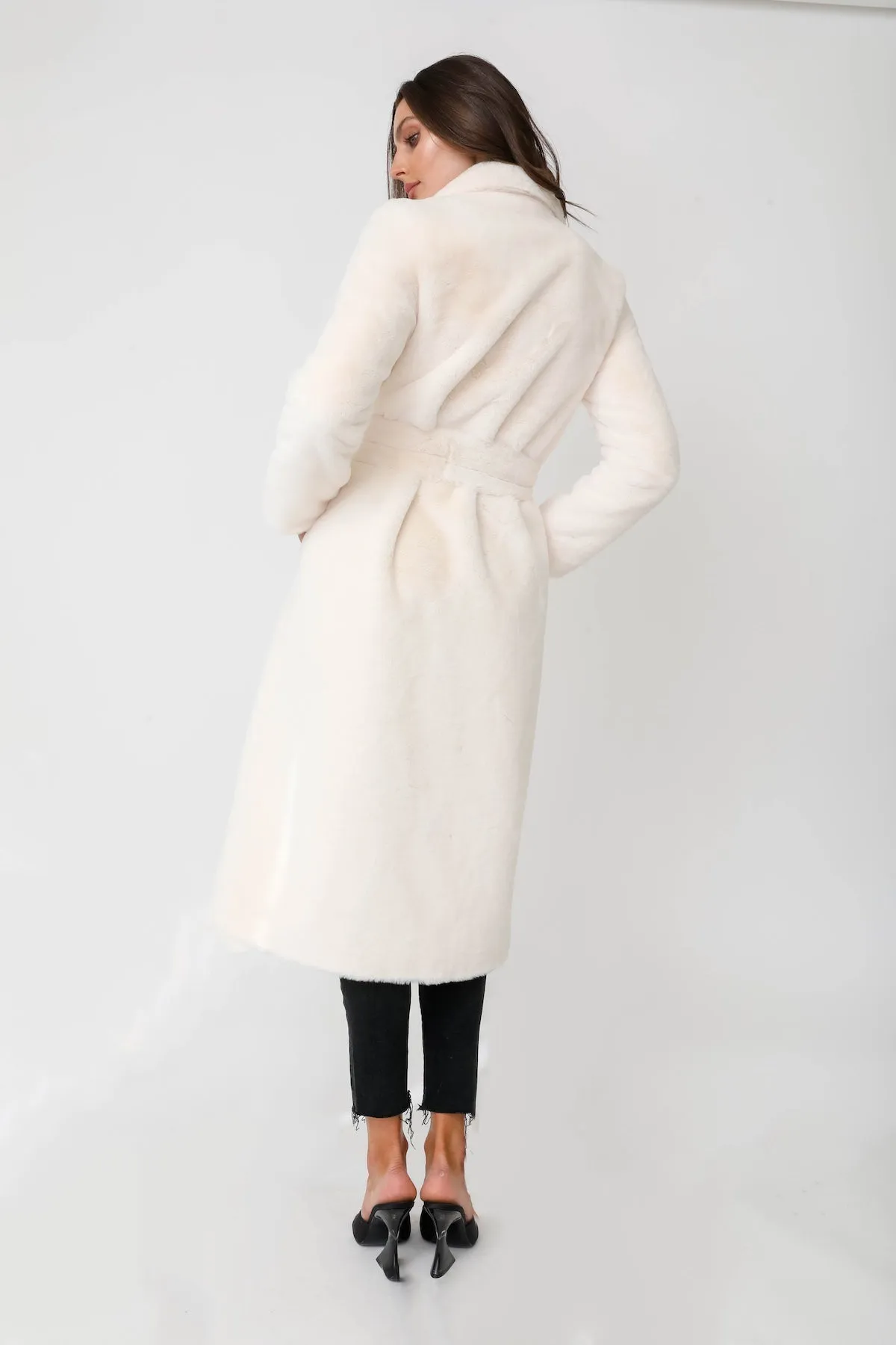 Loren Faux Chinchilla Fur Wrap Collar Coat w/ Belt - White