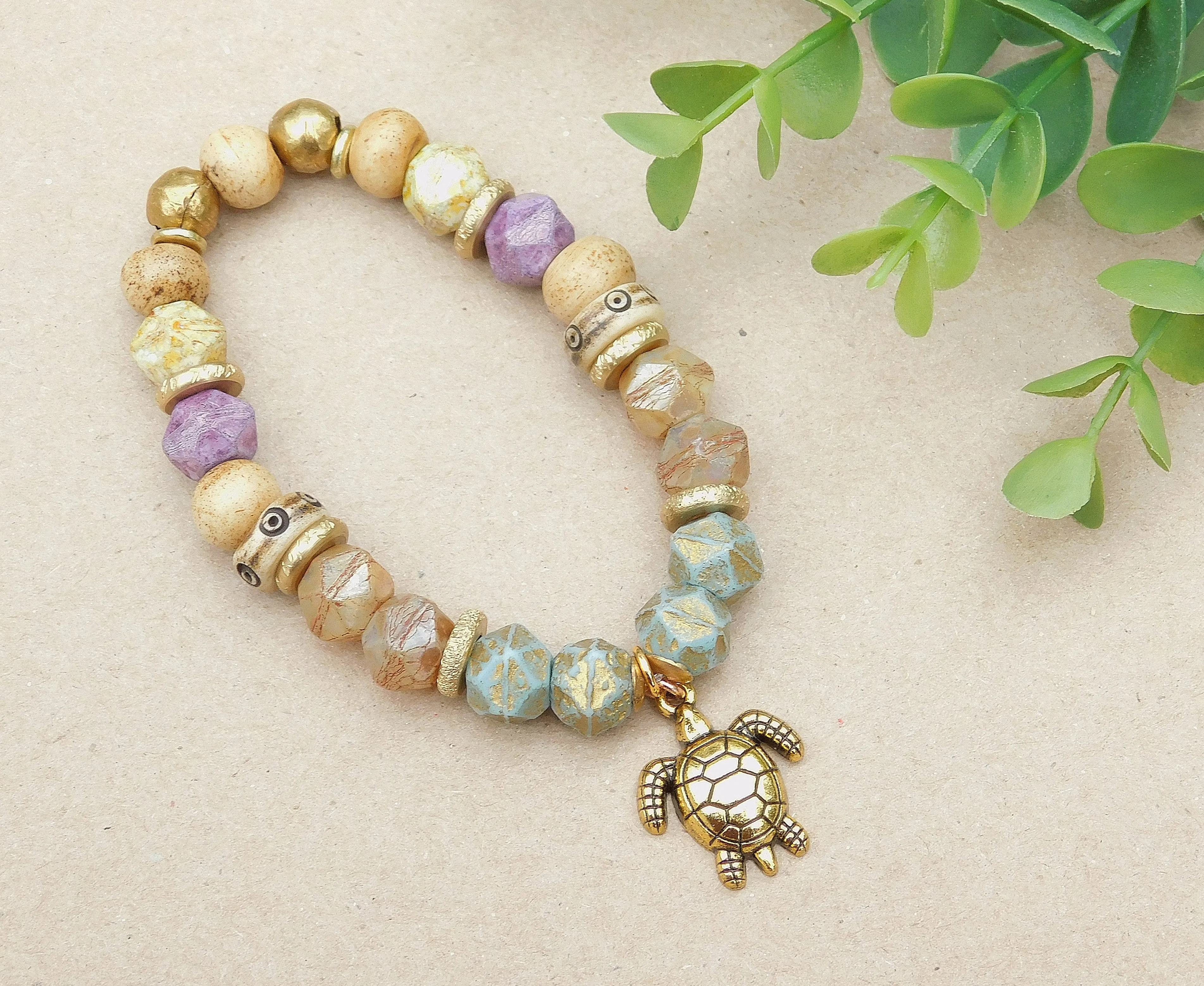 Luster Champagne Picasso Czech Bracelet with Sea Turtle Charm