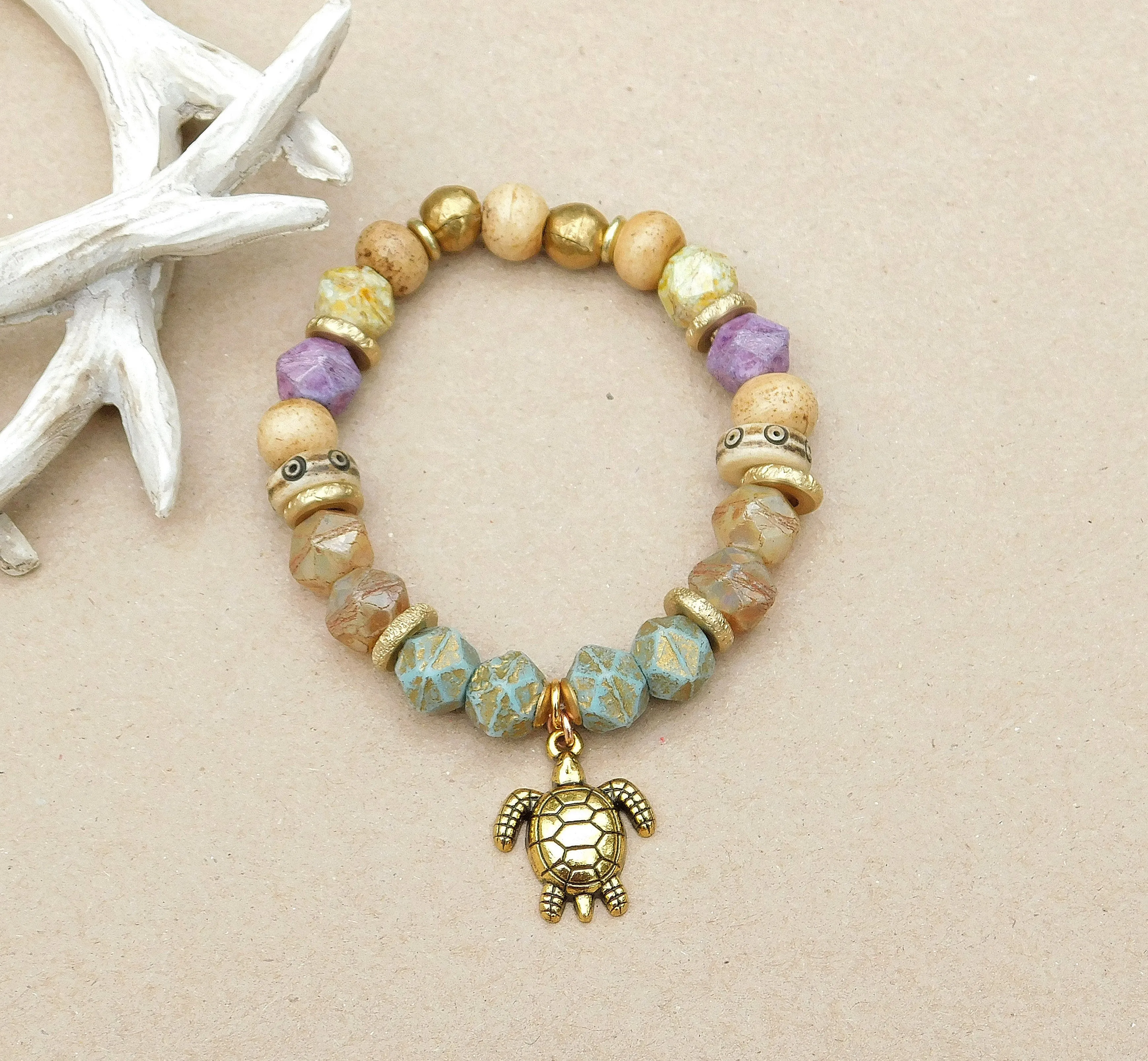 Luster Champagne Picasso Czech Bracelet with Sea Turtle Charm