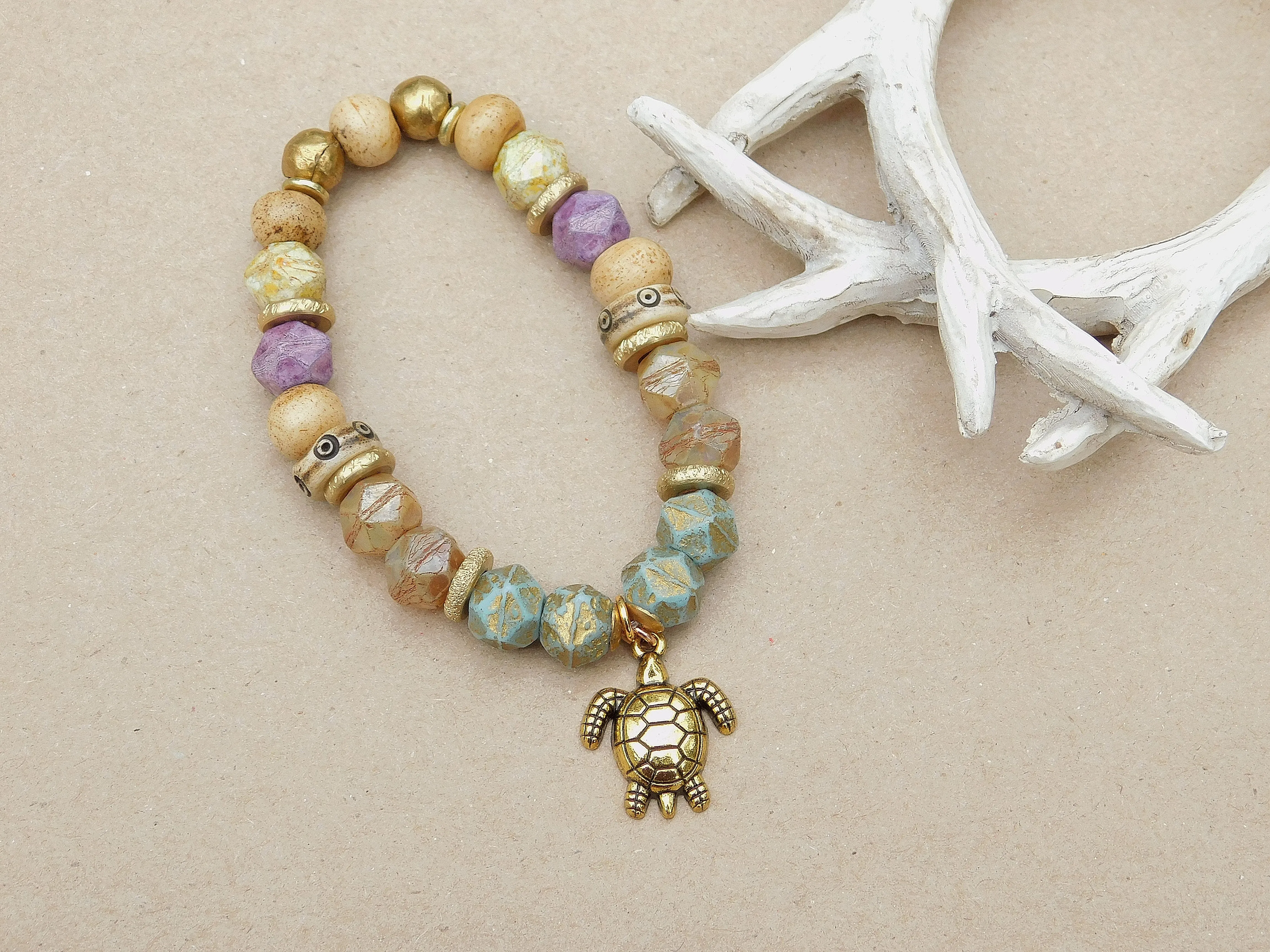 Luster Champagne Picasso Czech Bracelet with Sea Turtle Charm