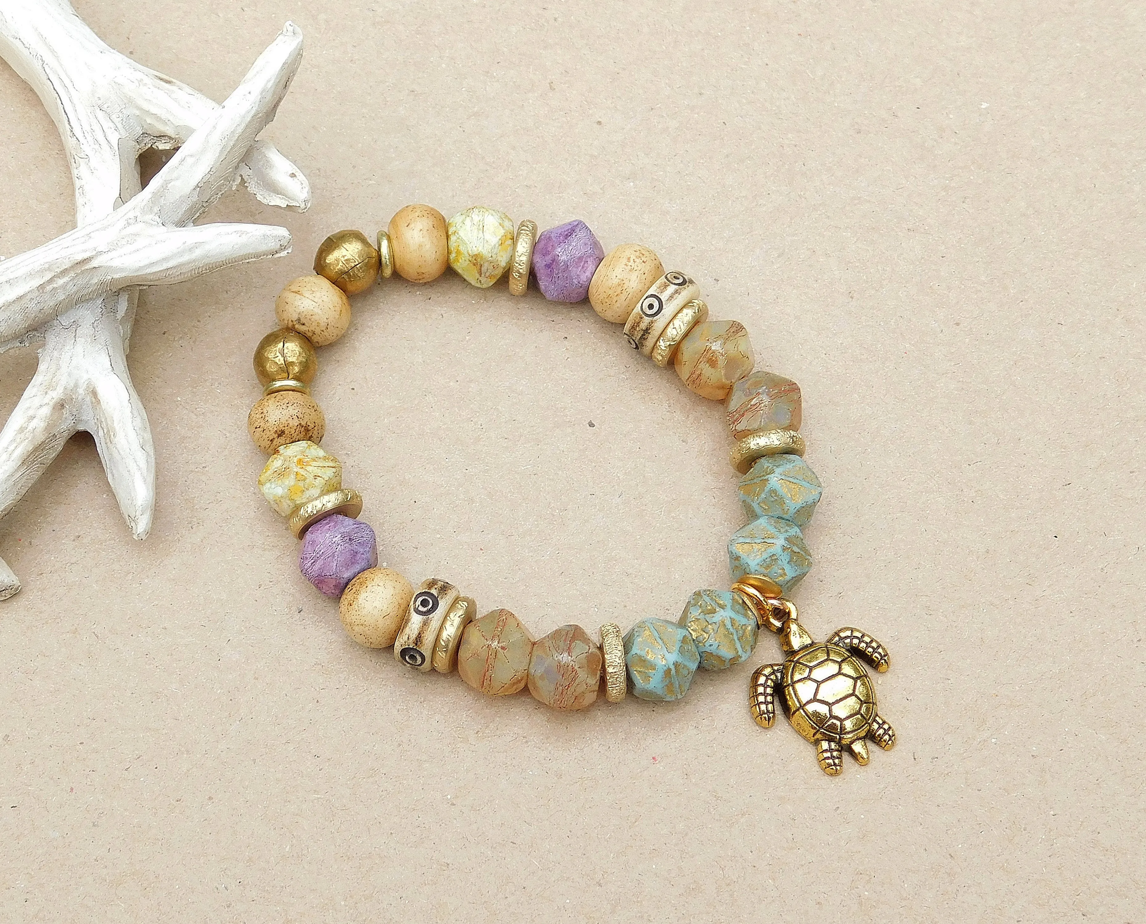 Luster Champagne Picasso Czech Bracelet with Sea Turtle Charm