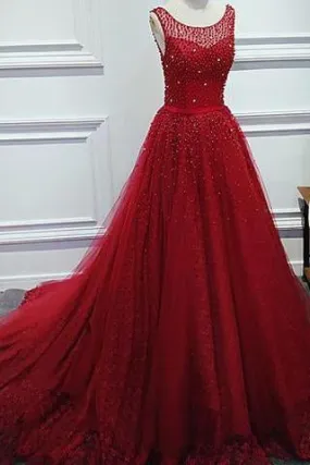 Luxurious A-Line Round Neck Red Long Prom Dress with