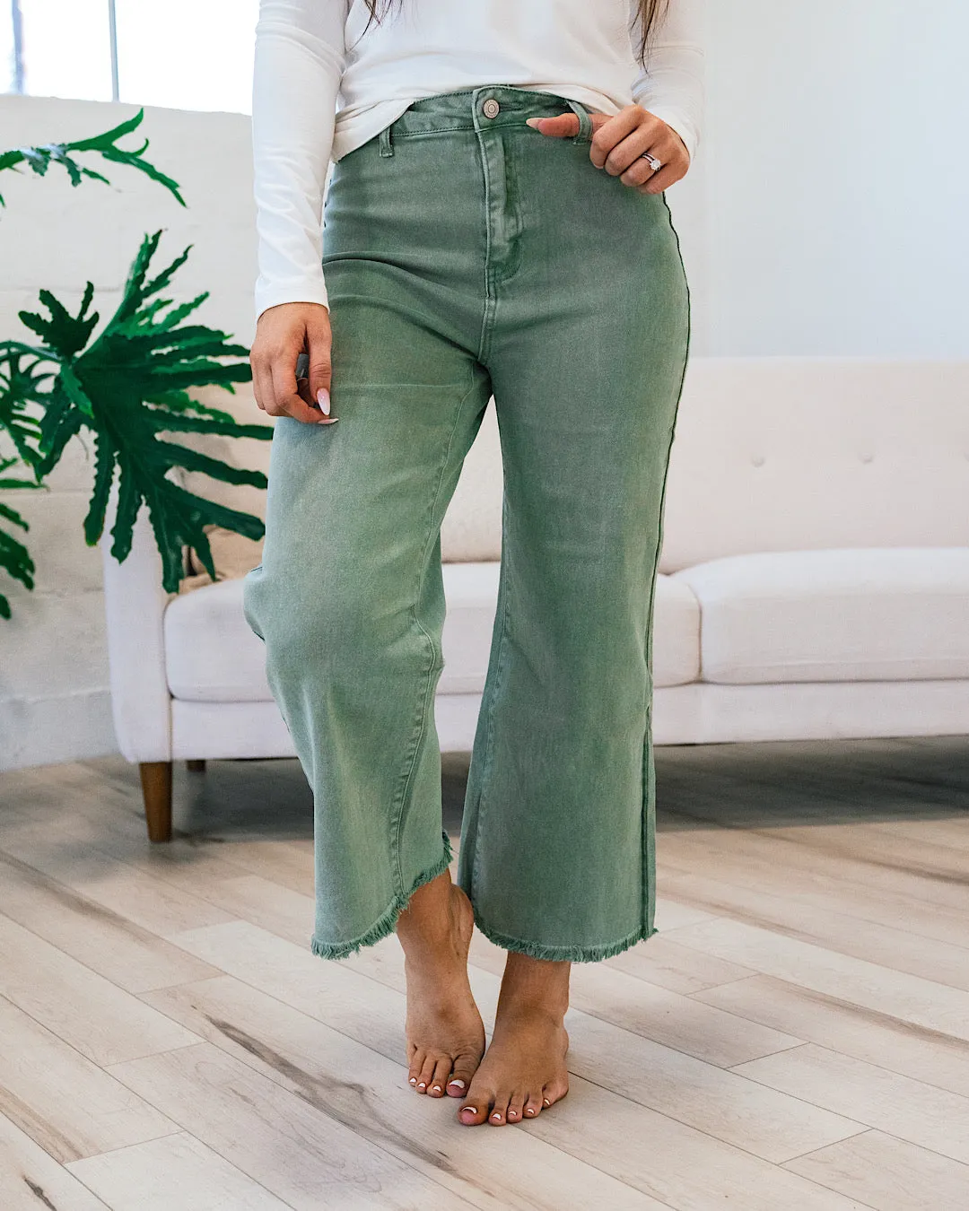 Mae Wide Leg Cropped Jeans - Olive