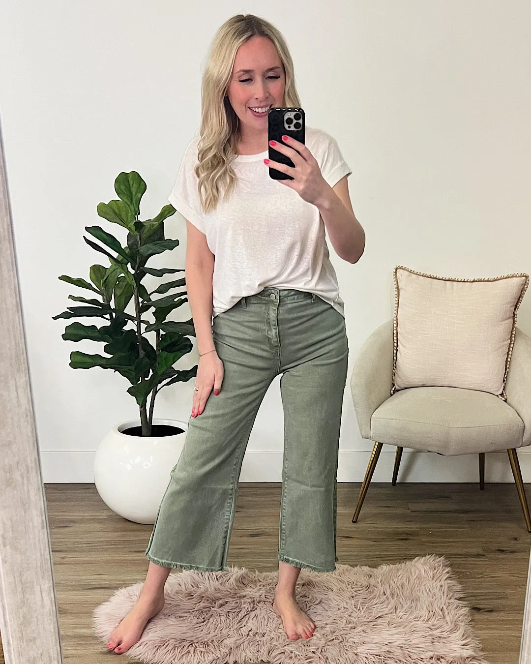 Mae Wide Leg Cropped Jeans - Olive