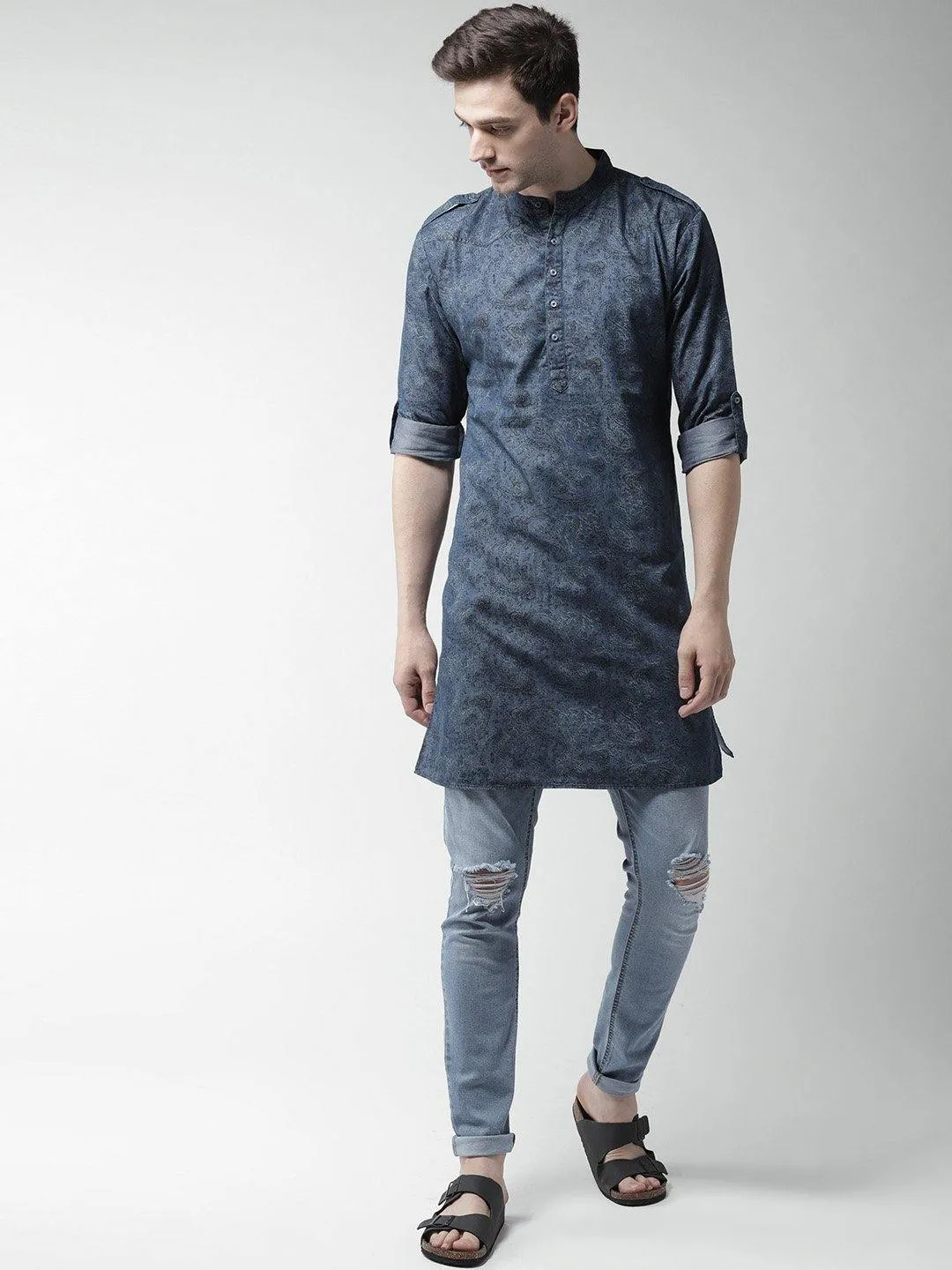 Men Blue Printed Denim Straight Kurta