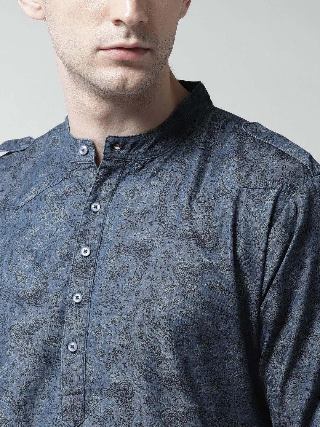 Men Blue Printed Denim Straight Kurta