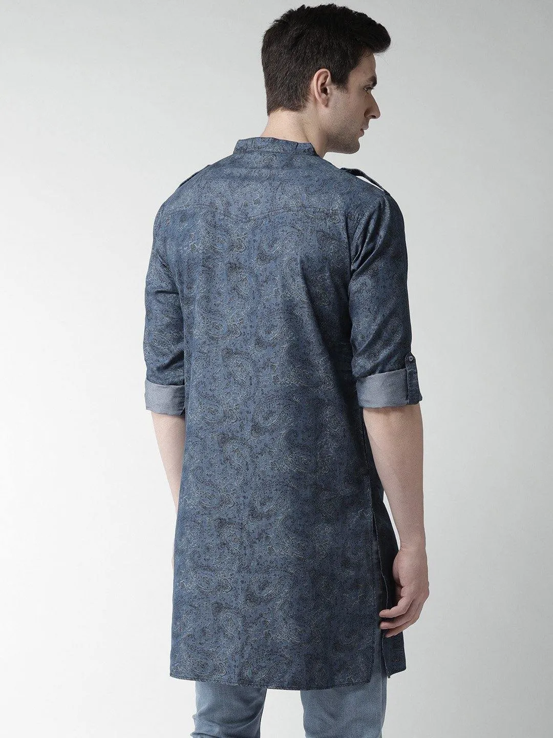 Men Blue Printed Denim Straight Kurta