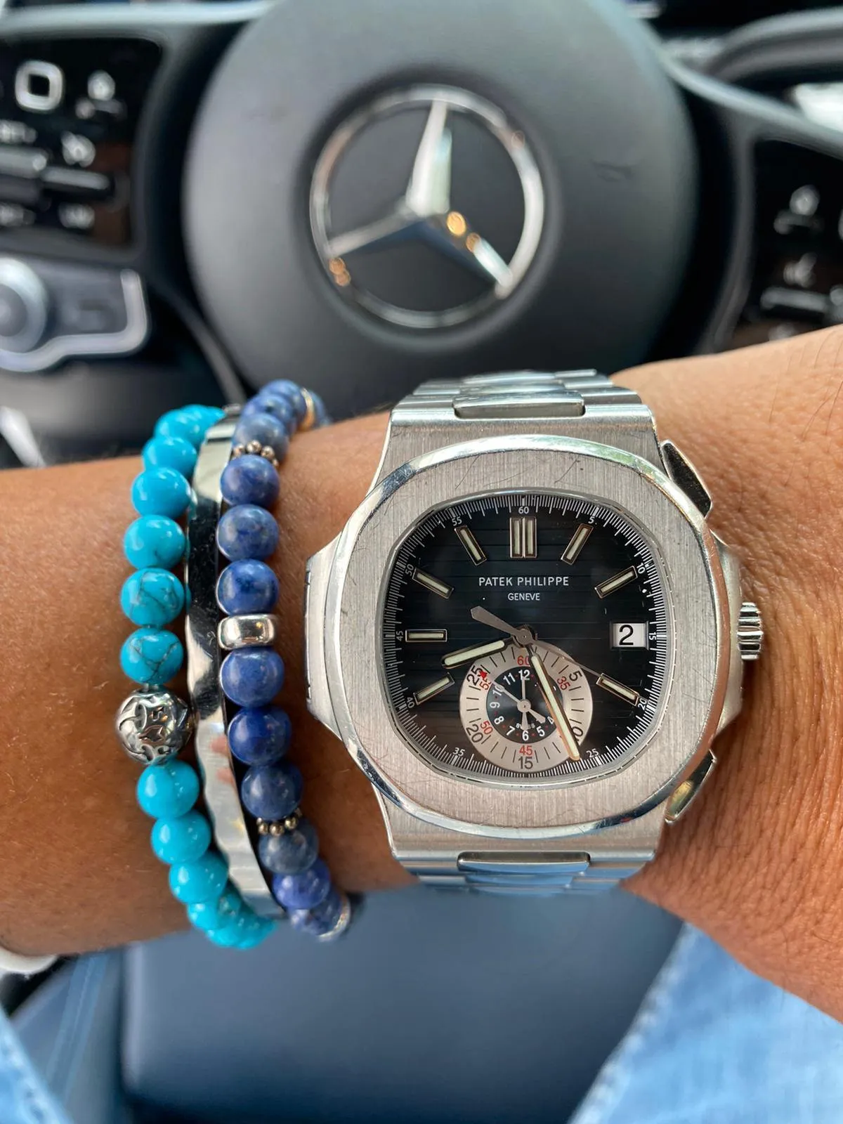 Men's Beaded Bracelet With Blue Dumortierite And Silver