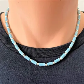 Mens Denim Blue Agate and Silver Beaded Necklace