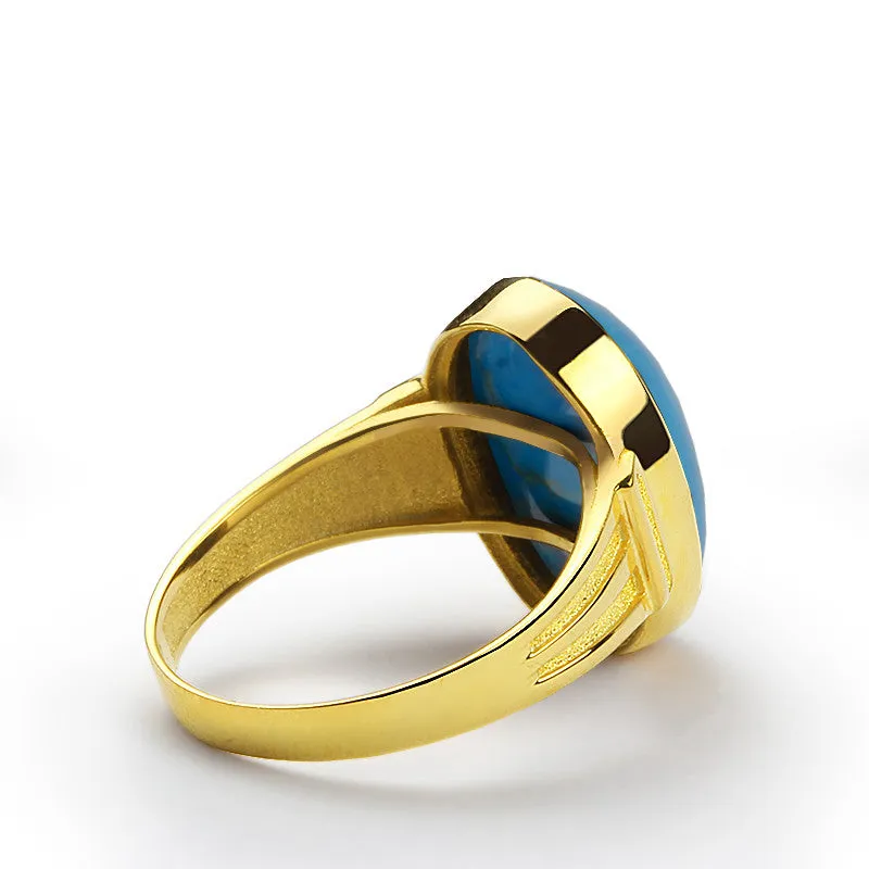 Men's Ring with Blue Turquoise in 14k Yellow Gold, Natural Stone Ring for Men