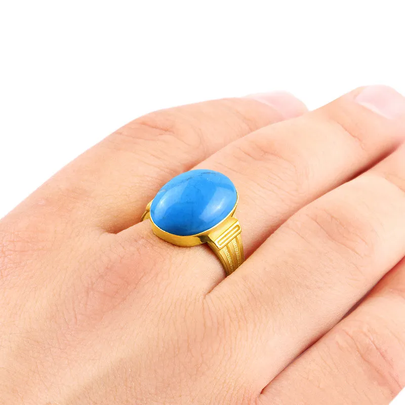 Men's Ring with Blue Turquoise in 14k Yellow Gold, Natural Stone Ring for Men