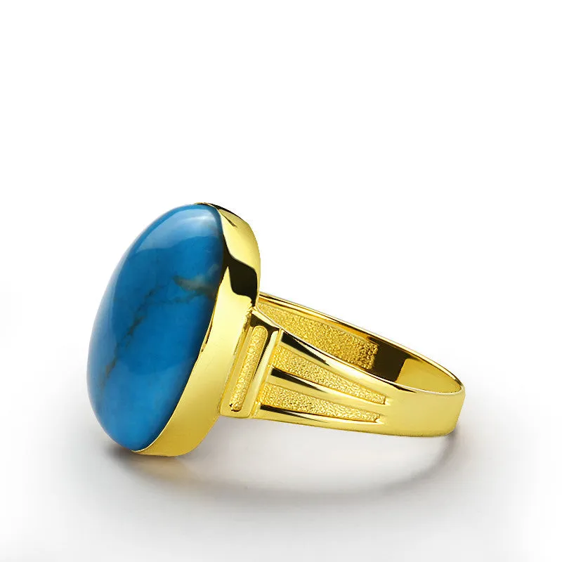 Men's Ring with Blue Turquoise in 14k Yellow Gold, Natural Stone Ring for Men