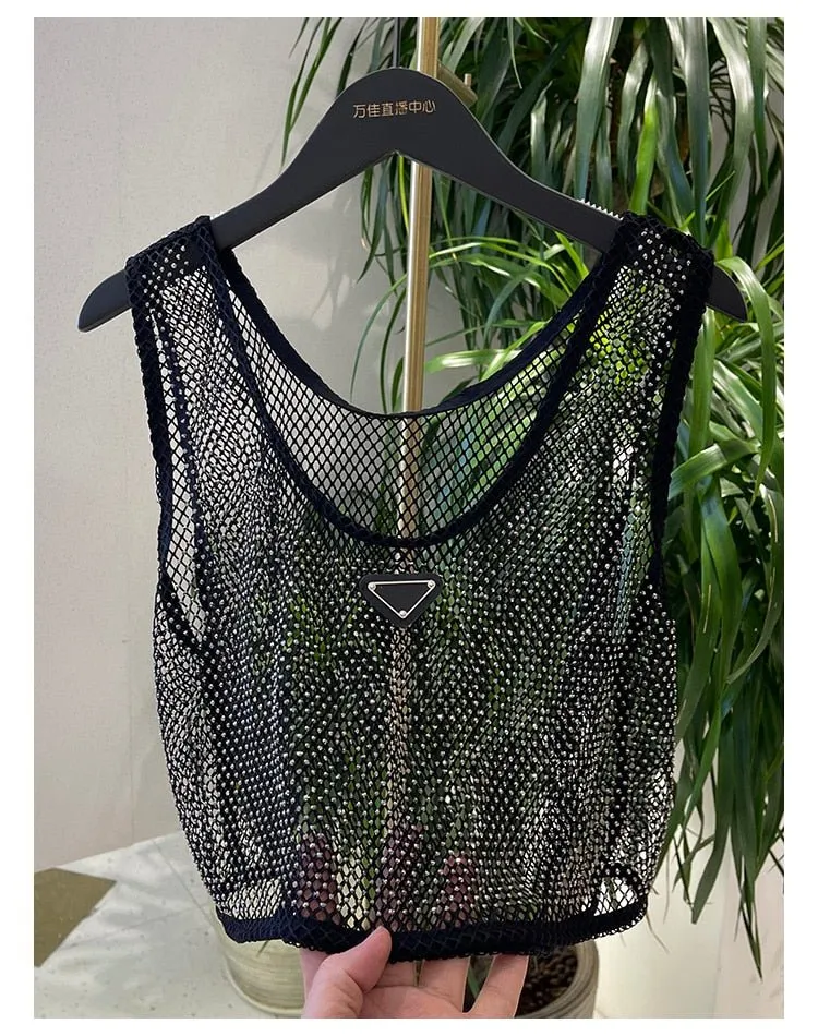 Mesh-transparente Strass bestickte Weste