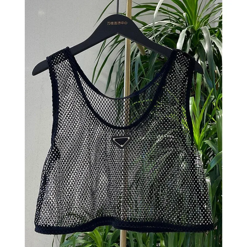 Mesh-transparente Strass bestickte Weste