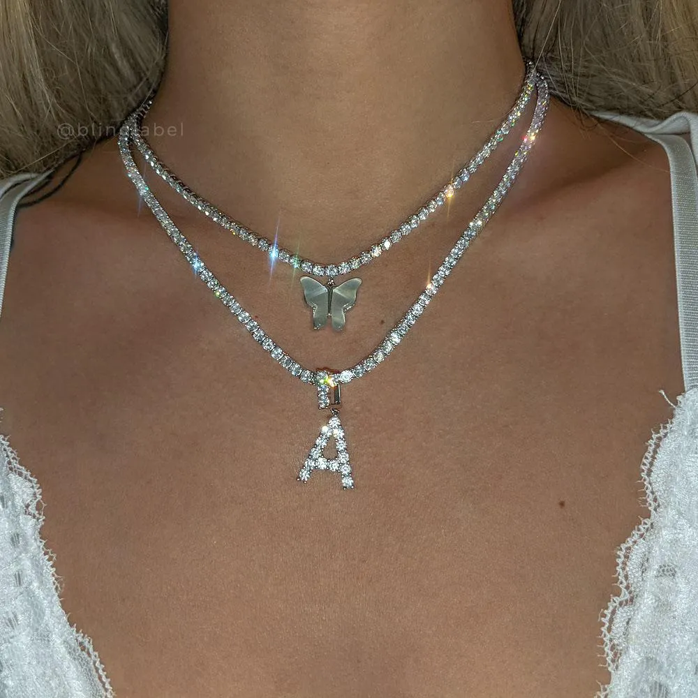 (Mini) Tennis Custom Name Letter Necklace in White Gold - Single Letter