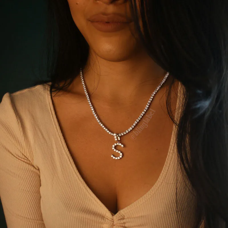 (Mini) Tennis Custom Name Letter Necklace in White Gold - Single Letter