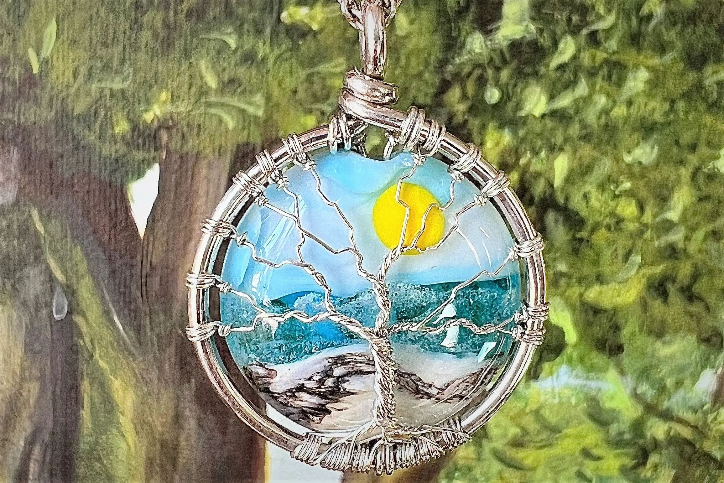 Ocean Sunrise Tree of Life Pendant with Cremains