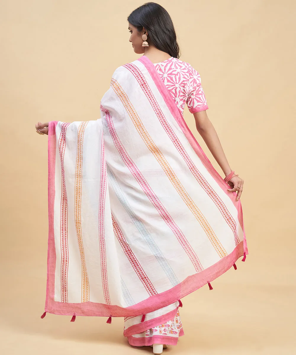 Offwhite pink hand block cotton sanganeri printed saree