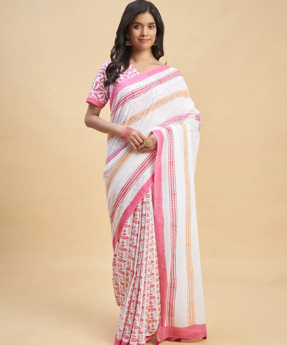 Offwhite pink hand block cotton sanganeri printed saree