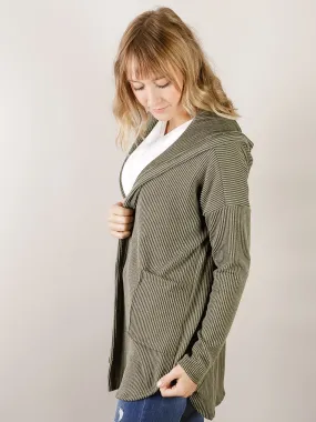 Olive Ribbed Open Hooded Cardigan