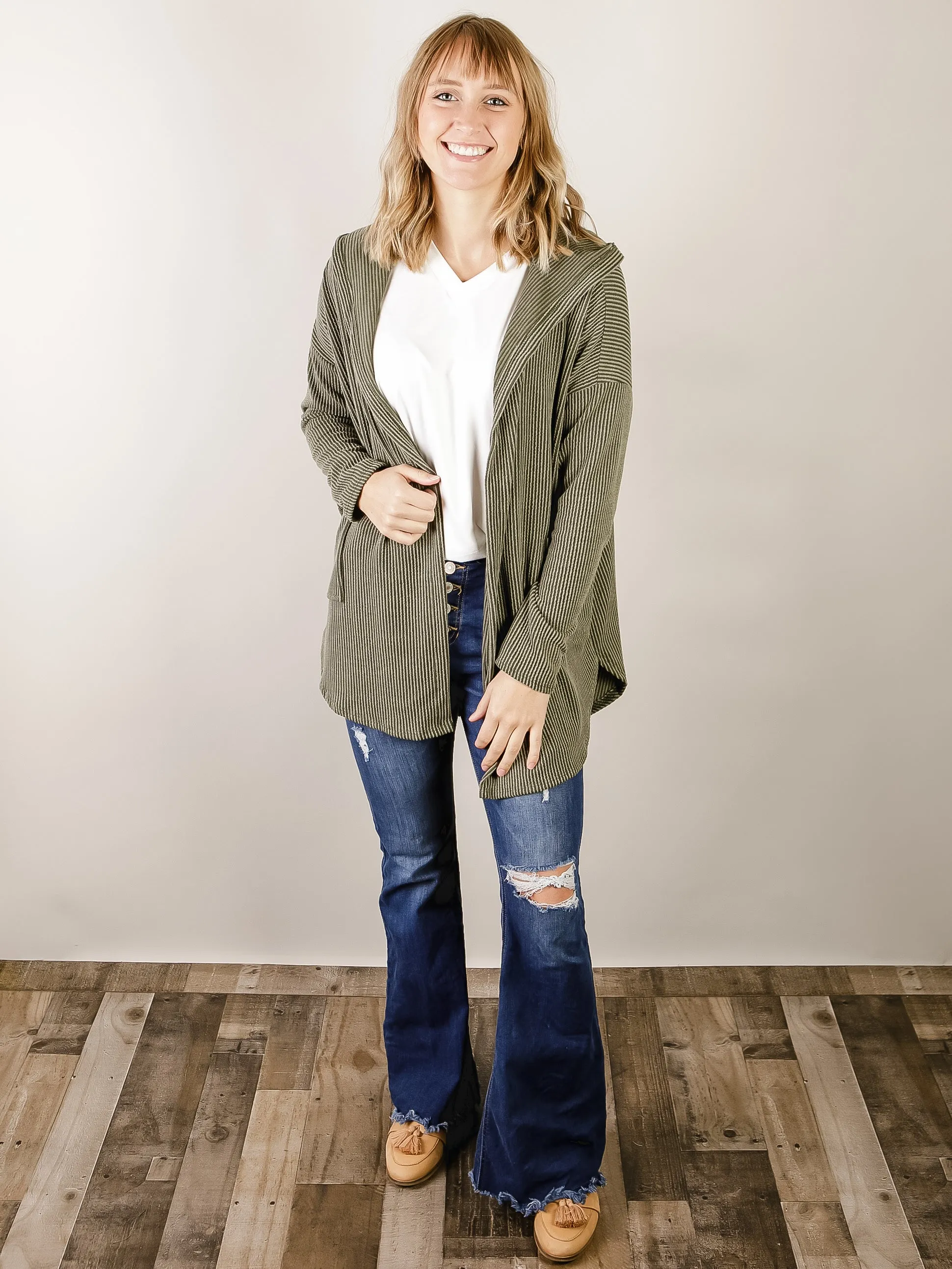 Olive Ribbed Open Hooded Cardigan