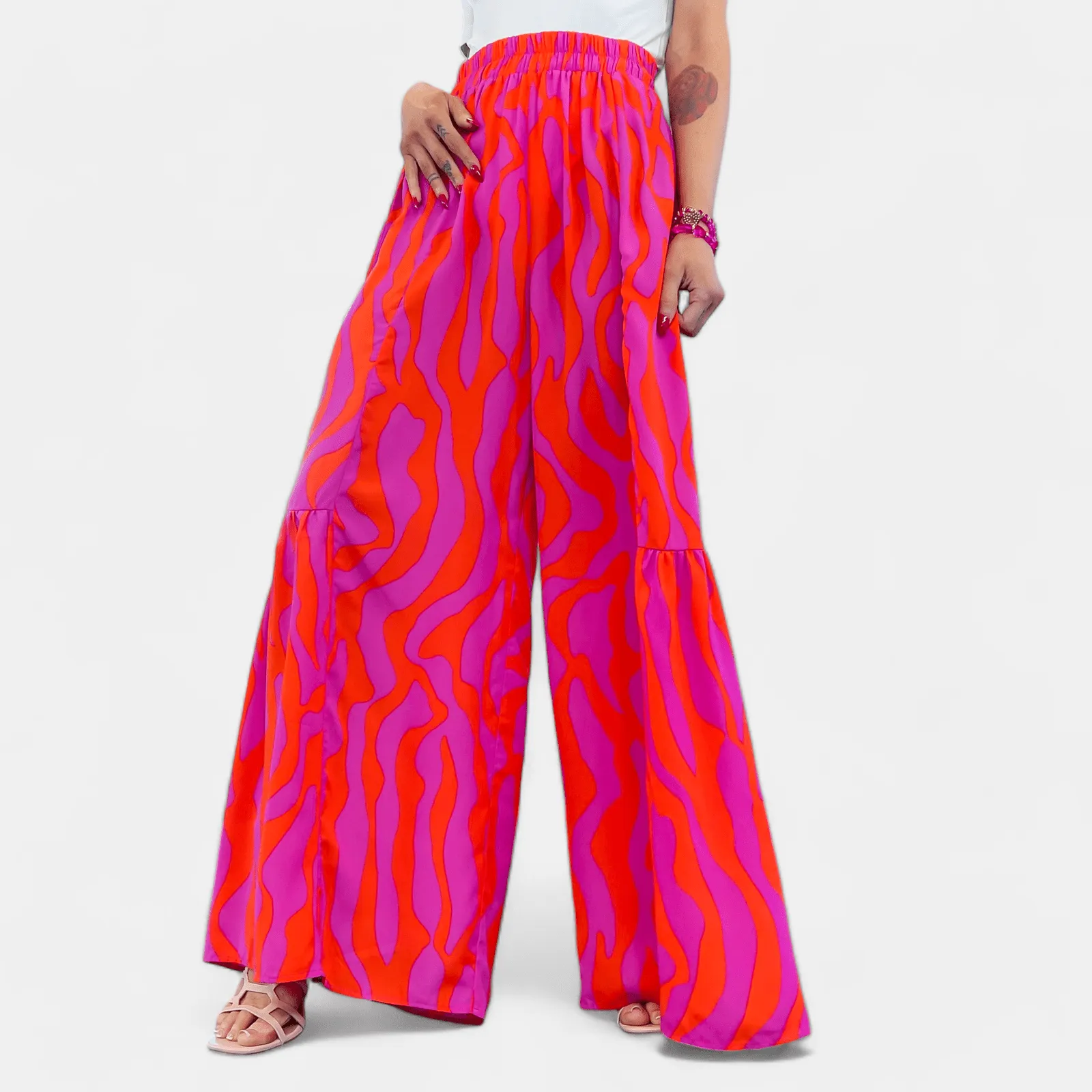 Orange & Pink Wavy Abstract Ruffle Pants