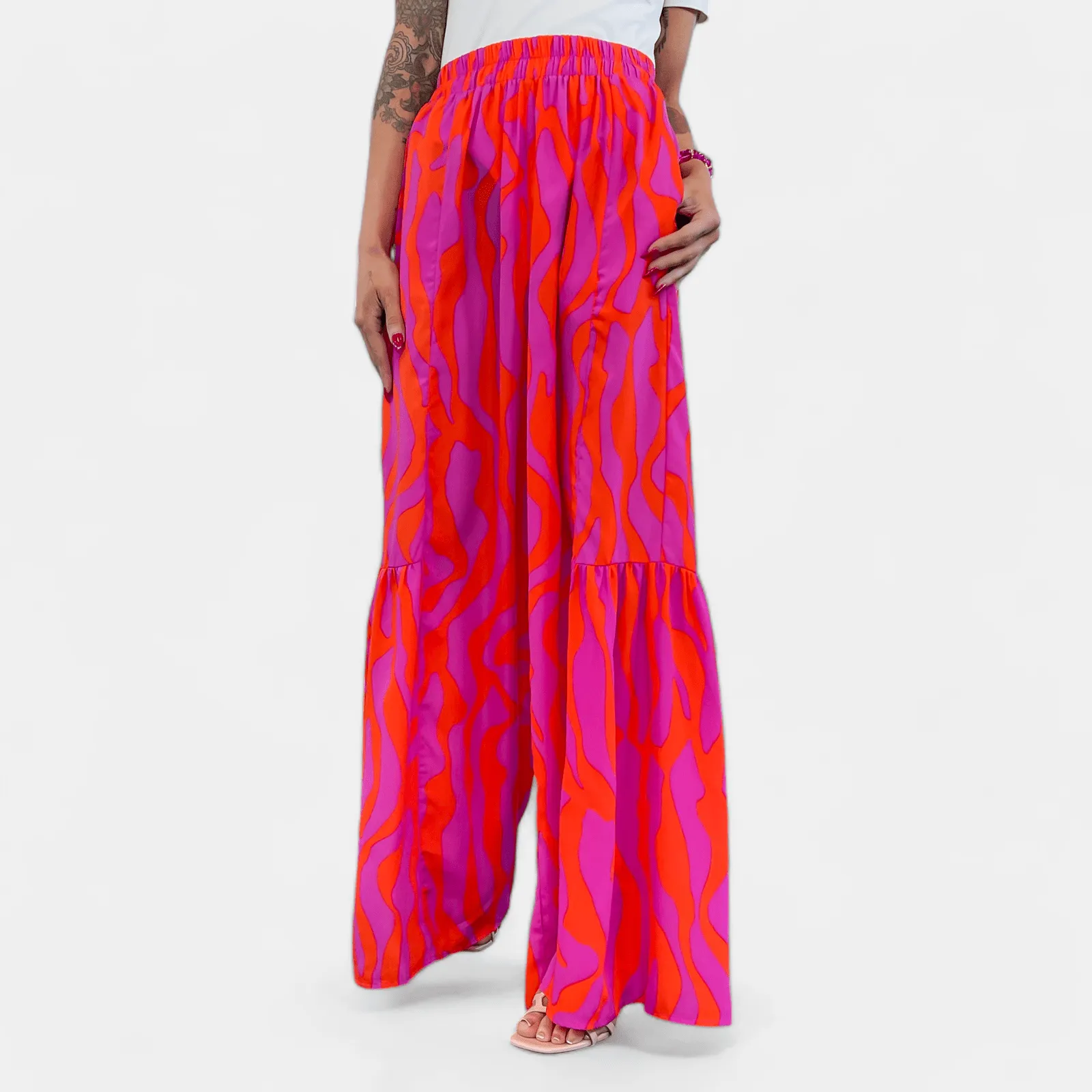 Orange & Pink Wavy Abstract Ruffle Pants