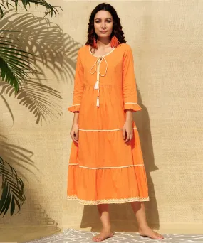 Orange handwoven cotton tiered midi dress