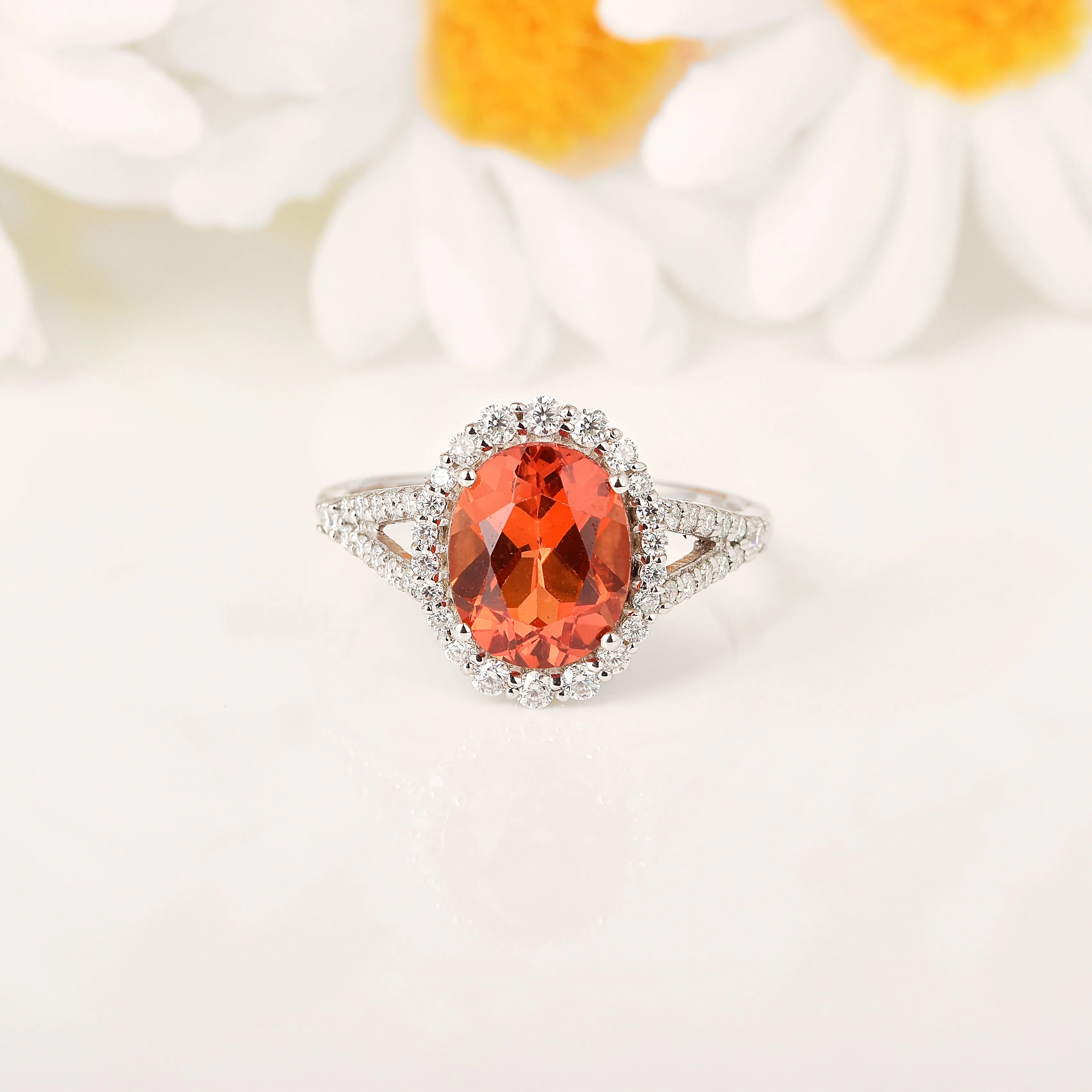 Peach Sapphire Oval Halo Ring