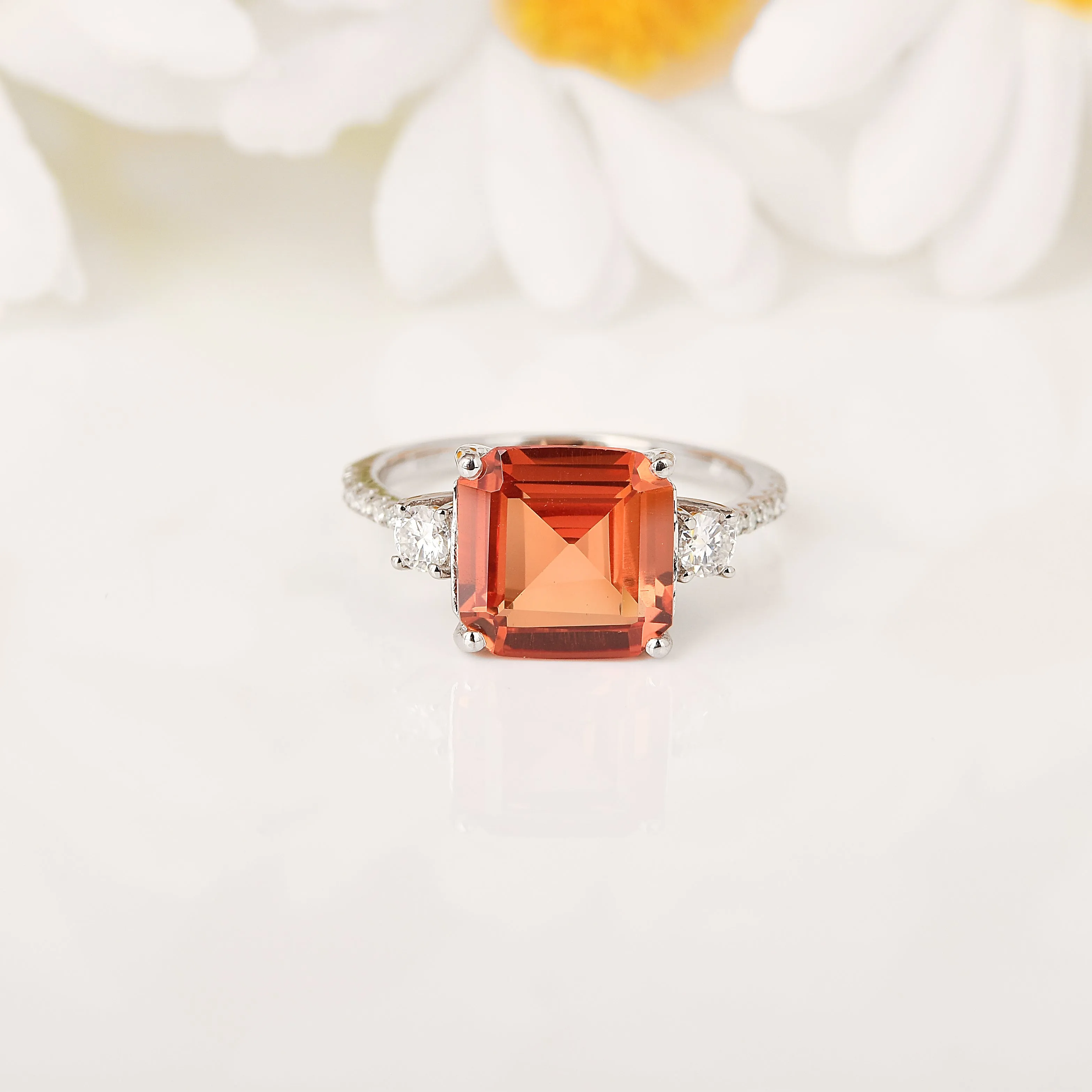 Peach Sapphire Three Stone Ring