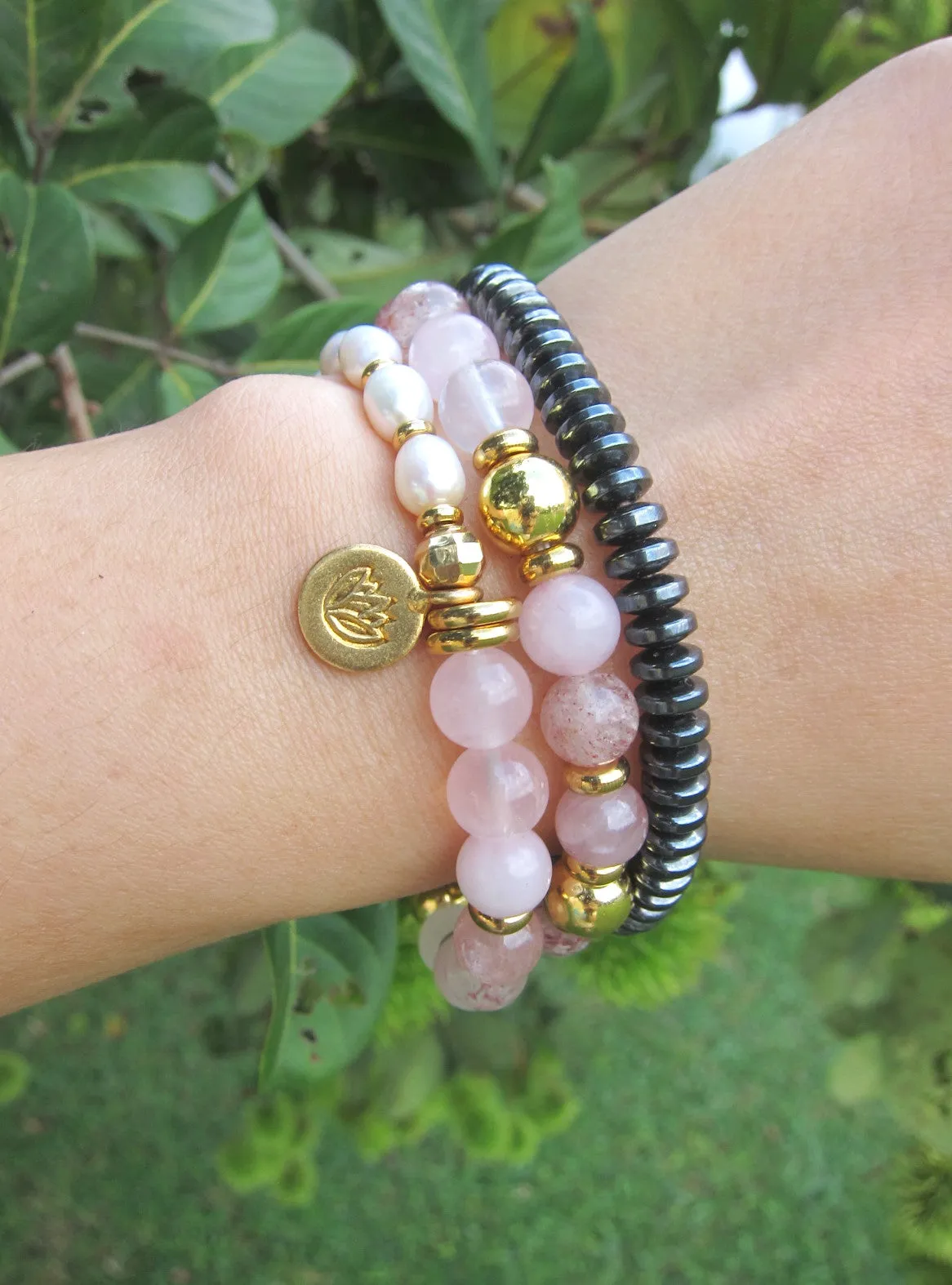 Pink Rose Quartz, Strawberry Quartz, Thulite - Love, Fertility Mala Bracelet in 18K Gold Vermeil Lotus Charm