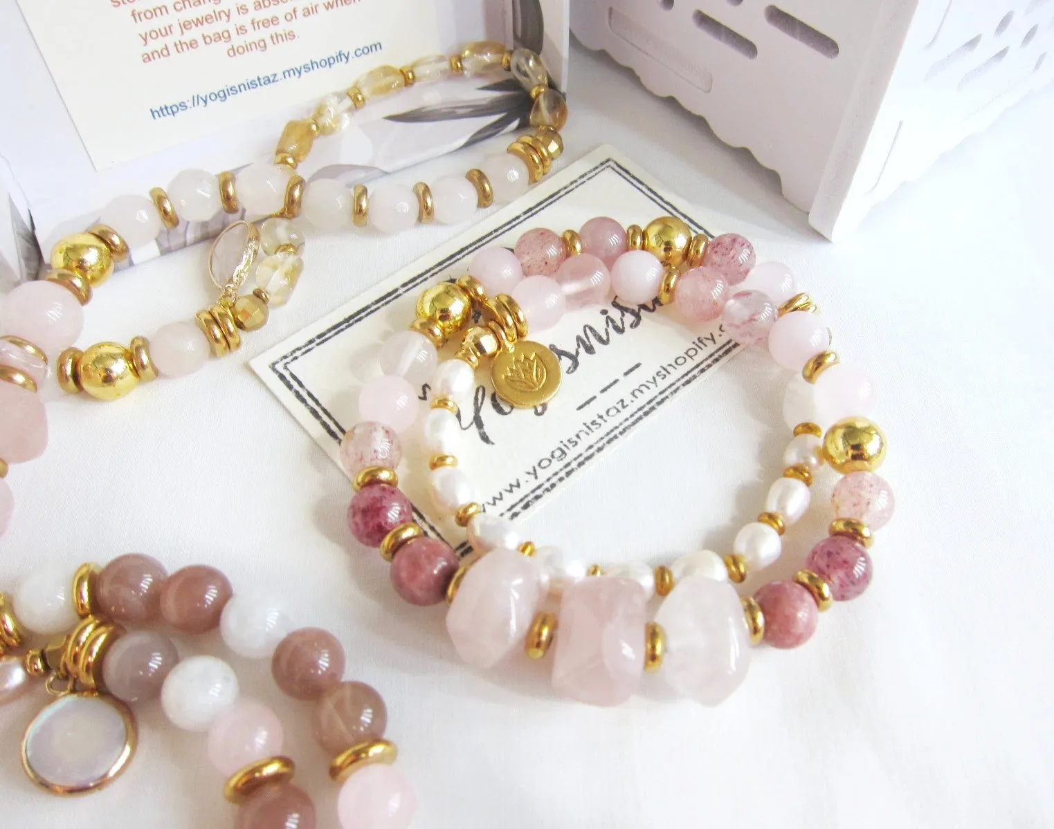 Pink Rose Quartz, Strawberry Quartz, Thulite - Love, Fertility Mala Bracelet in 18K Gold Vermeil Lotus Charm