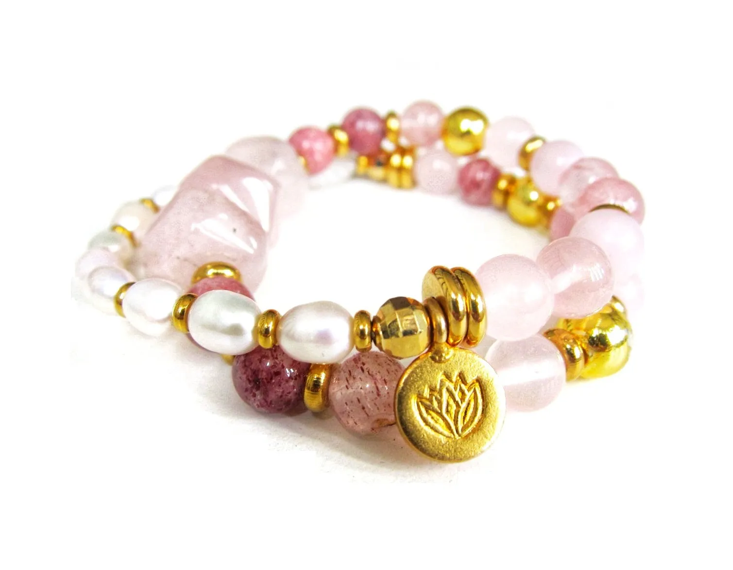 Pink Rose Quartz, Strawberry Quartz, Thulite - Love, Fertility Mala Bracelet in 18K Gold Vermeil Lotus Charm