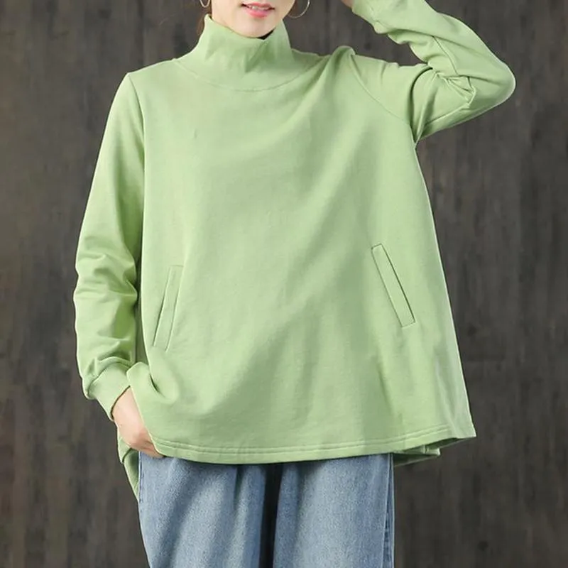 Plus Size - Buykud  Hand-Made Turtleneck Pure Color Cotton Blouse