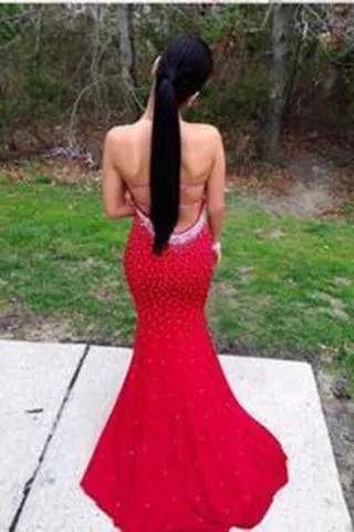 Red Halter Scoop Open Back Mermaid Sleeveless Sexy Backless Prom Dress Evening Dress