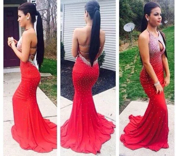 Red Halter Scoop Open Back Mermaid Sleeveless Sexy Backless Prom Dress Evening Dress