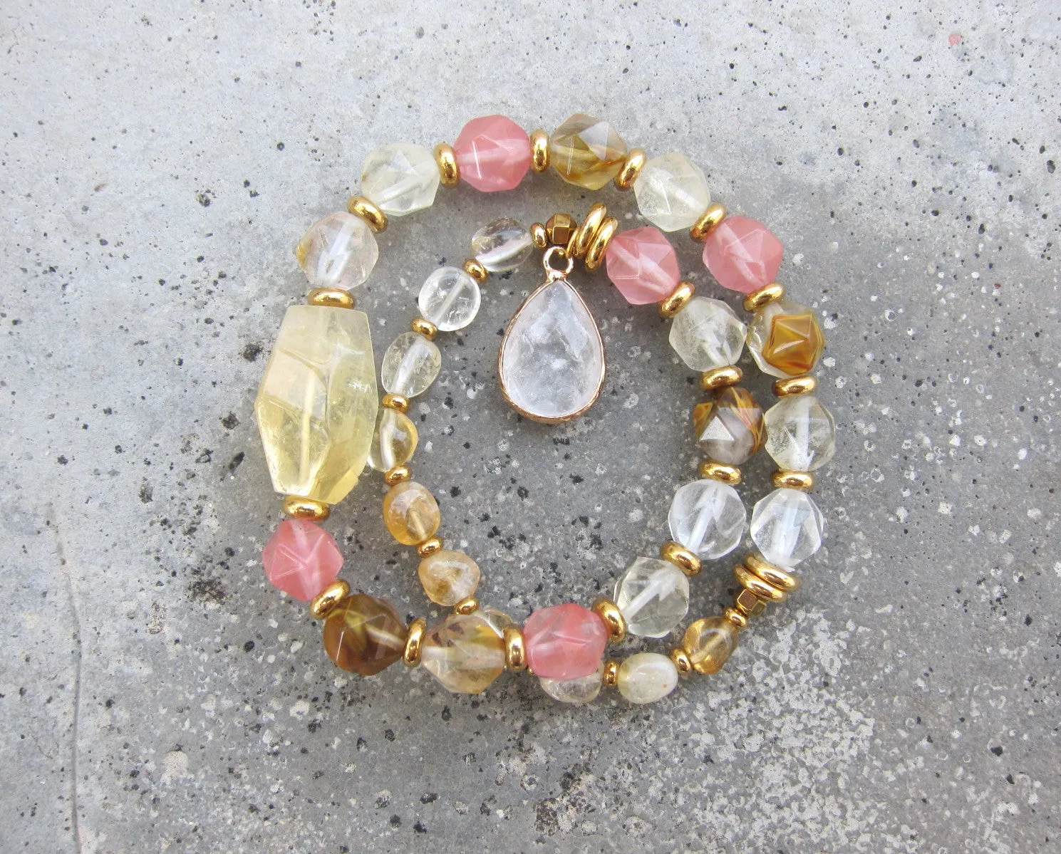 Rose Quartz, Citrine, Clear Quartz - Love and Happiness Mala Bracelet