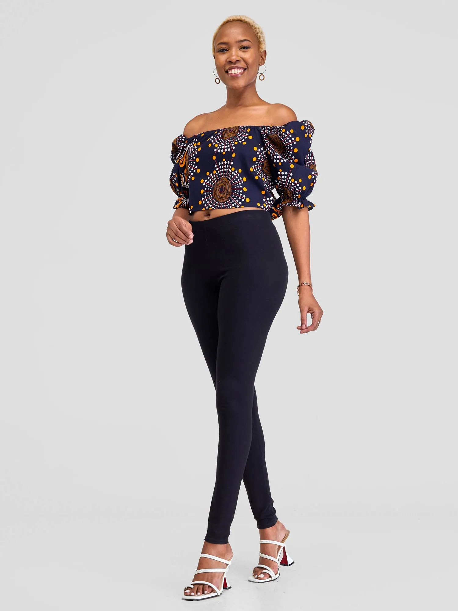 Safari Anga Puffy Short Sleeve Tie Top - Navy Blue / Orange / White Ankara Print