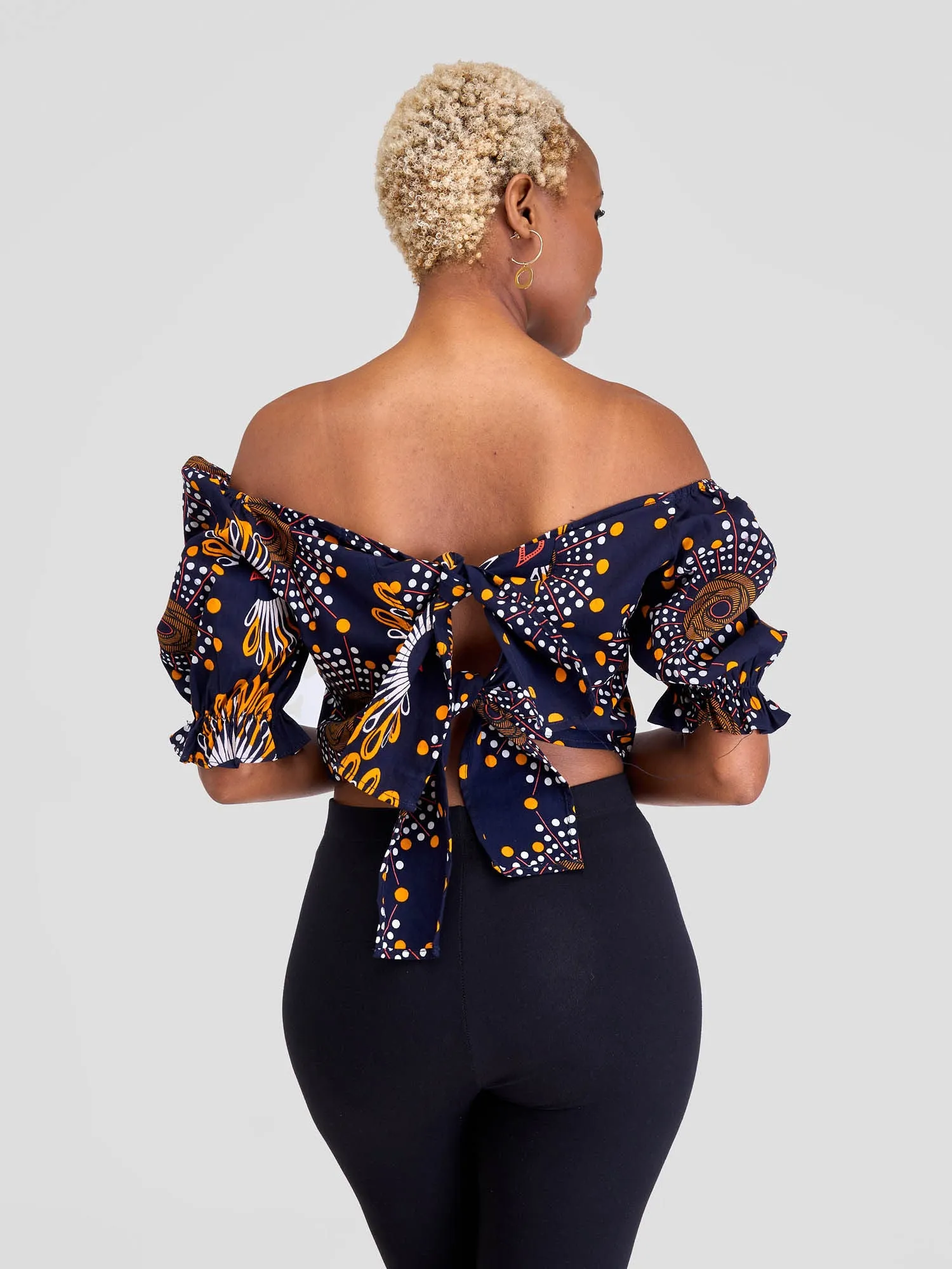 Safari Anga Puffy Short Sleeve Tie Top - Navy Blue / Orange / White Ankara Print