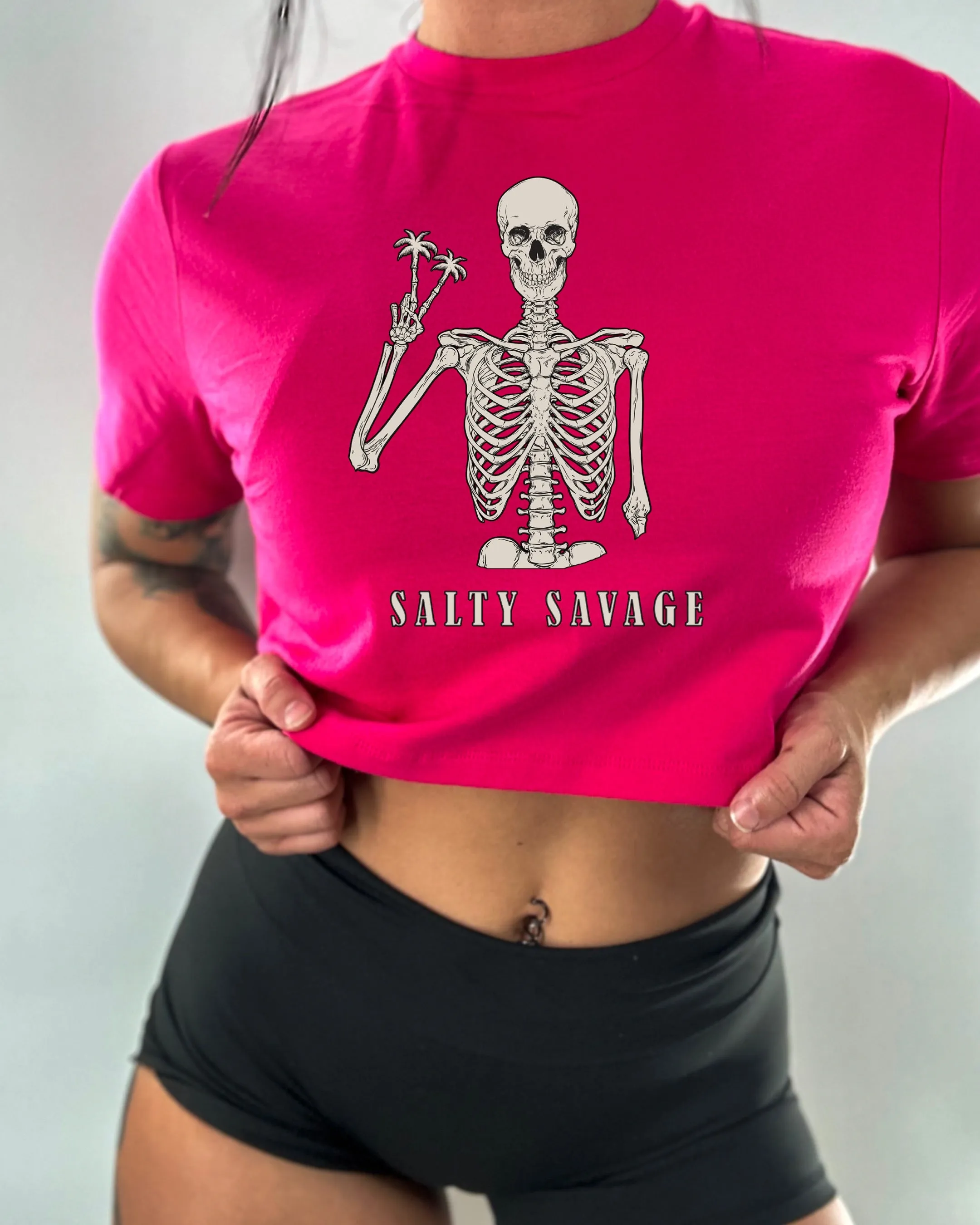 Salty Savage Ladies "Peace Skeleton " Performance Crop Tee