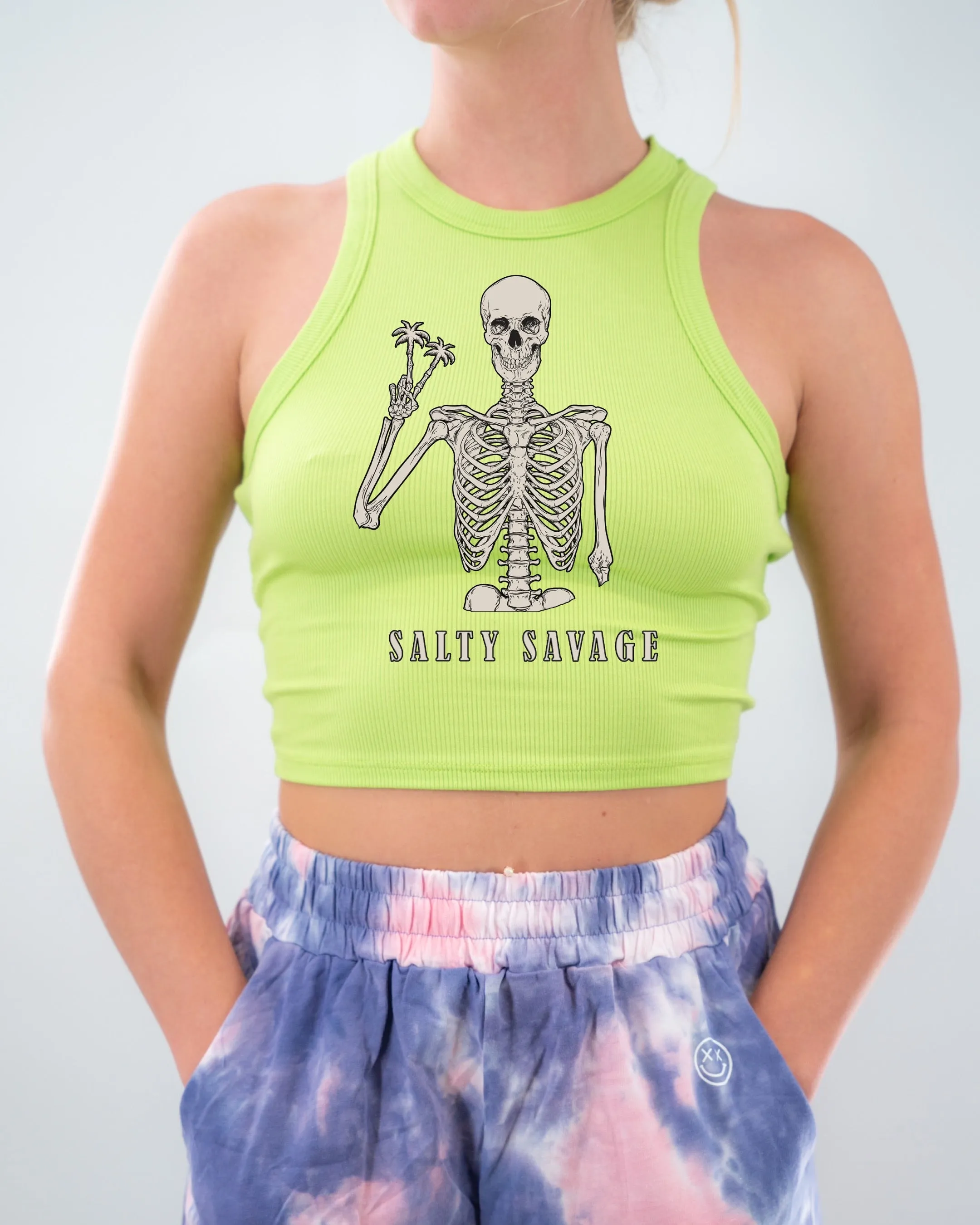 Salty Savage Ladies "Peace Skeleton" Micro Ribbed High Neck Crop Tank