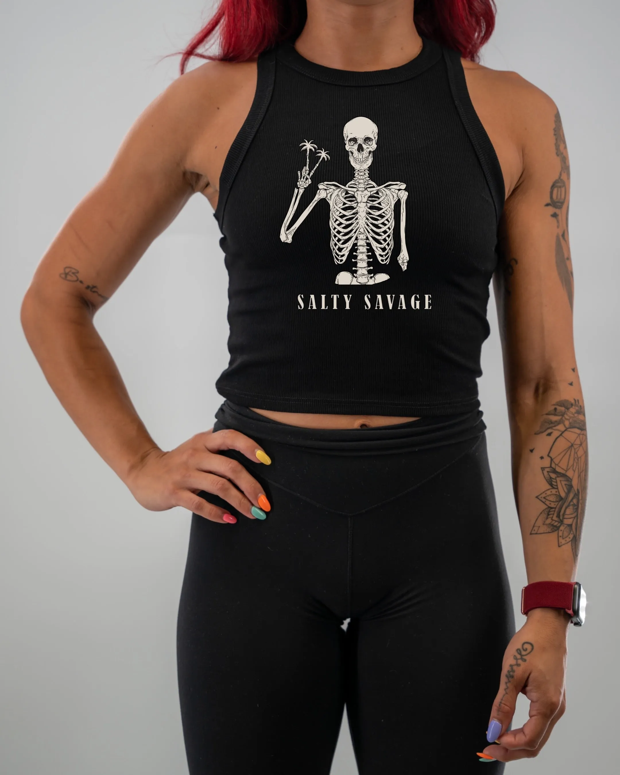 Salty Savage Ladies "Peace Skeleton" Micro Ribbed High Neck Crop Tank