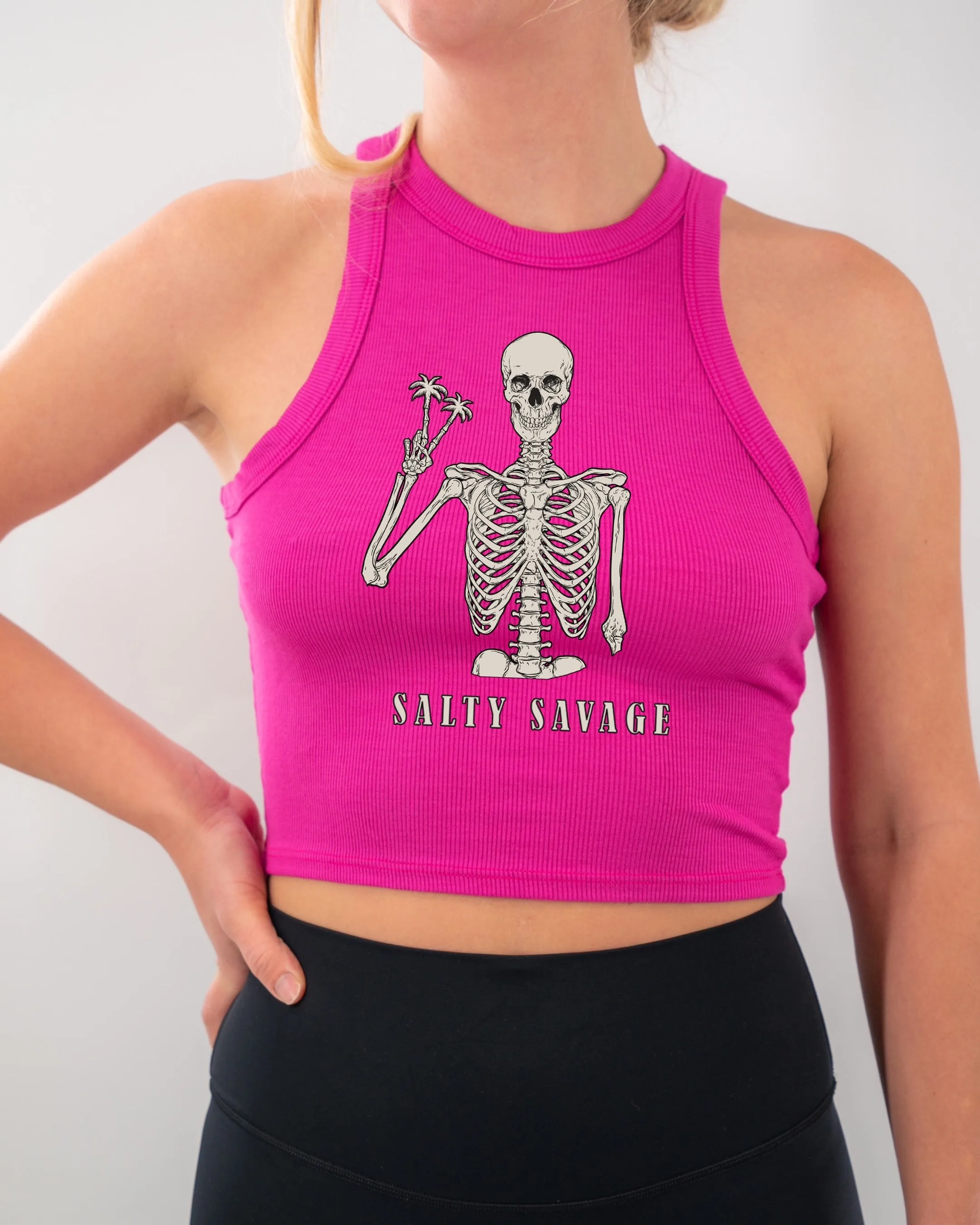 Salty Savage Ladies "Peace Skeleton" Micro Ribbed High Neck Crop Tank