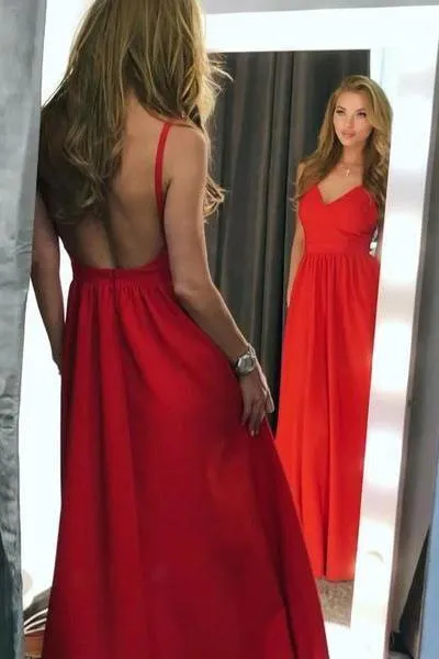 Simple A Line Red Spaghetti Straps V Neck Backless Prom Dresses Long Party Dresses