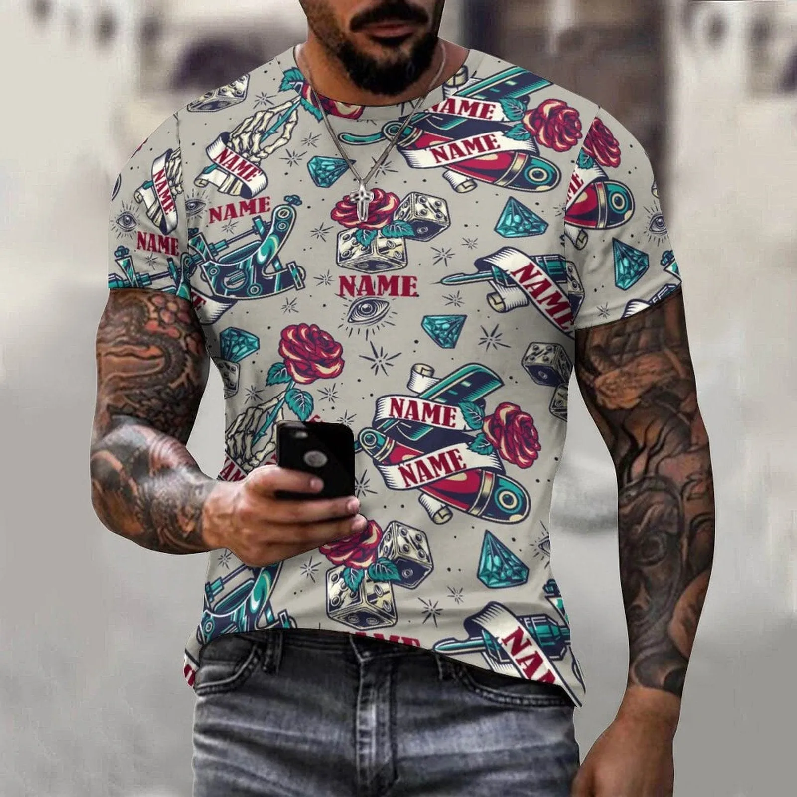 Slim Fit Cotton T-Shirt-Custom Name Rose Pure Cotton Slim Fit T-Shirt Personalized Men's All Over Print Short Sleeve T-Shirt